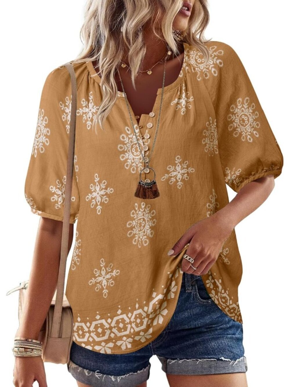 Women's Shirt Coffee Summer Tops V Neck Short Sleeve Blouses Casual Button Down